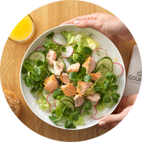 Frischer Vogerlsalat mit Gurke, Radieschen und Lachs auf dem Teller angerichtet